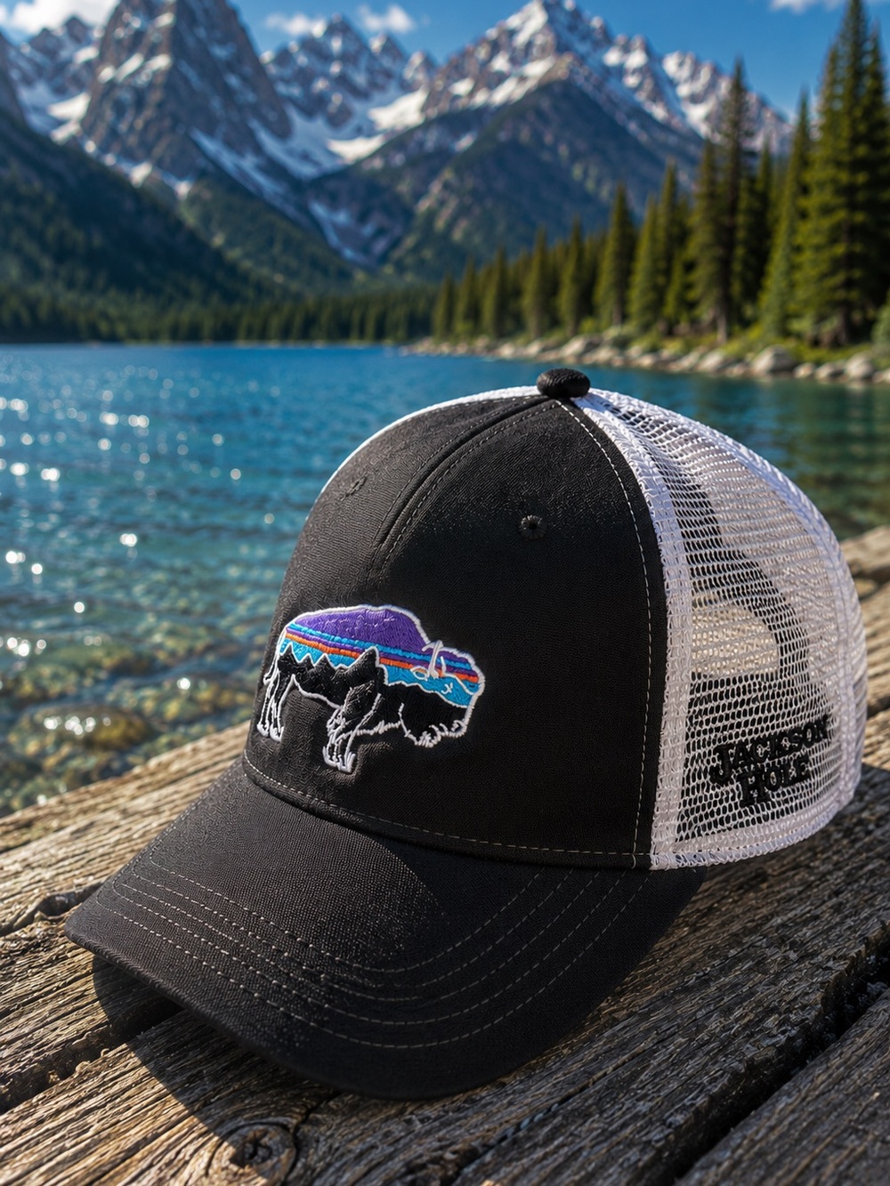 Patagonia OS Jackson Hole Bison Trucker Hat Snapback Black White Blue Mesh Cap